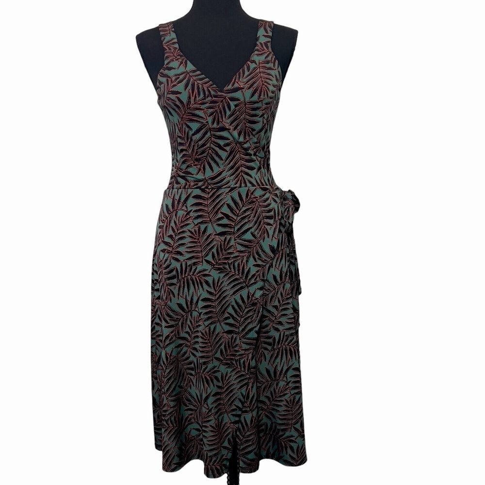 41 Hawthorn Women Size Small Green, Black Palm Leaf  Wrap Bodice Tie Waist Dress